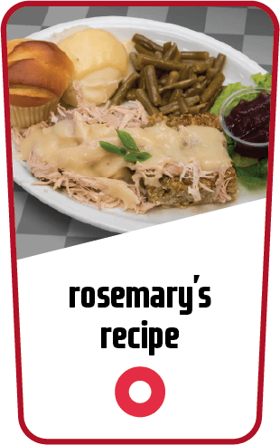 Rosemary's recipe text with plate of turkey & dressing image